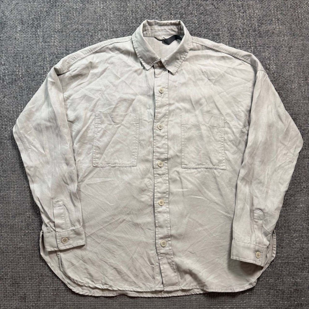 Vuori Button Down Shirt Mens Medium Grey Lyocell Linen Blend Long Sleeve Pockets